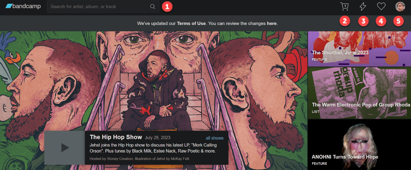 The Bandcamp landing page