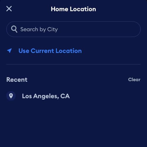 The Home Location screen