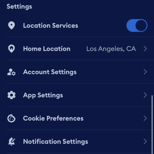 The Settings section of the profile screen
